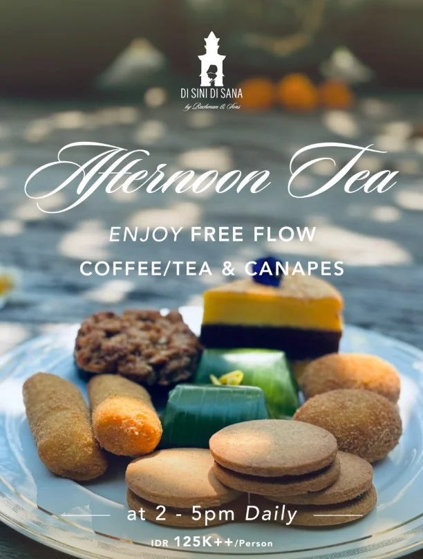 afternoon tea in Ubud, best afternoon tea Bali, free flow coffee Ubud, unlimited tea package, Ubud café afternoon tea, DI SINI DI SANA afternoon tea, affordable afternoon tea, daily canapes menu, golden hour coffee Ubud, relaxing cafe in Ubud